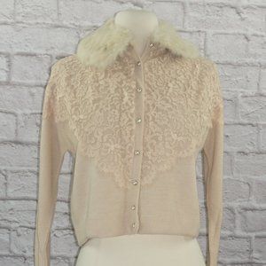 Vintage 50's Lace Fur Collar Cardigan Sweater